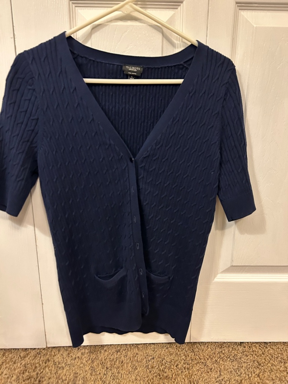 Talbots Navy Short-Sleeve Cable Knit Cardigan with Front Pockets